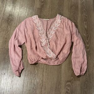 Chloe & Katie Pink Wrap Blouse with Lace Detail